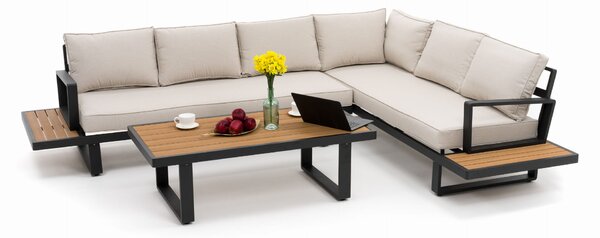 Zestaw mebli ogrodowych premium ATOL beżowy duży lewy narożnik aluminiowy ze stolikiem z blatem z drewna tekowego