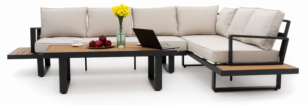 Zestaw mebli ogrodowych premium ATOL beżowy duży lewy narożnik aluminiowy ze stolikiem z blatem z drewna tekowego