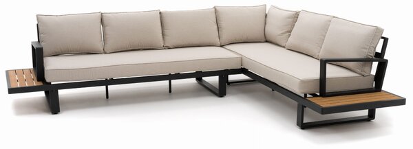 Zestaw mebli ogrodowych premium ATOL beżowy duży lewy narożnik aluminiowy ze stolikiem z blatem z drewna tekowego