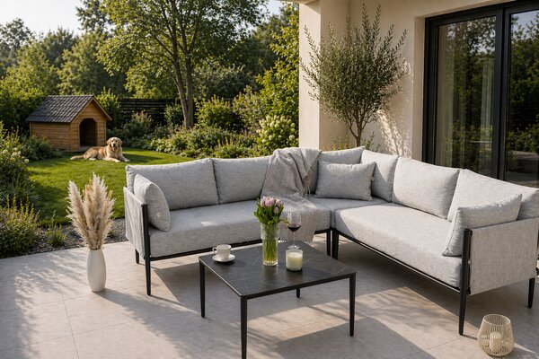 Zestaw mebli ogrodowych BELIZE szary narożnik aluminiowy ze stołem z blatem HPL
