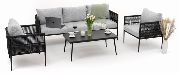 Zestaw mebli ogrodowych wypoczynkowy BELIZE - szary ze stołem z blatem HPL - CARRARA BLACK