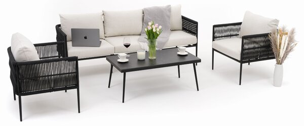 Zestaw mebli ogrodowych wypoczynkowy BELIZE - beżowy ze stołem z blatem HPL - CARRARA BLACK