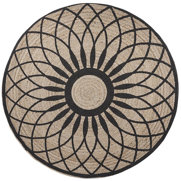 Boho okrągły dywan z juty bawełny pleciony beżowo czarny mandala do salonu Kullar Beliani