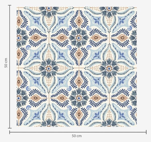 Tapety Niebiesko-beżowy ornament w stylu płytek ceramicznych namalowany akwarelą, Tapety Z kwiatami, a01085 : Uwalls.pl