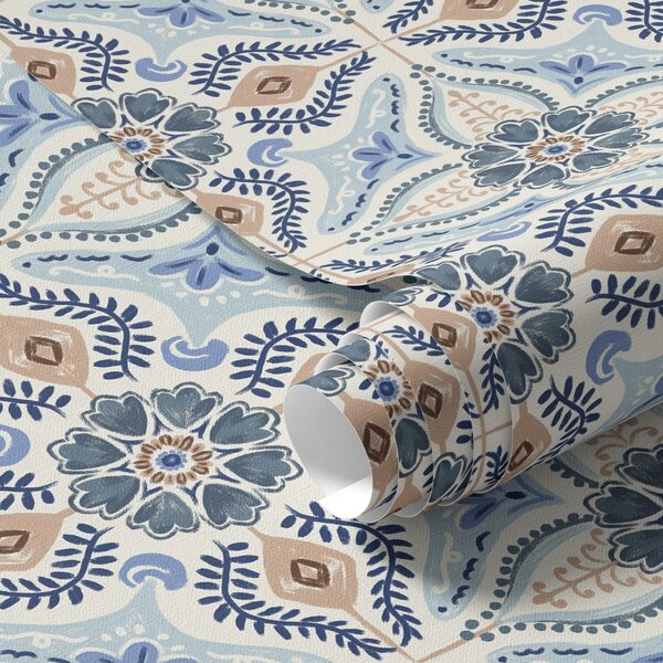 Tapety Niebiesko-beżowy ornament w stylu płytek ceramicznych namalowany akwarelą, Tapety Z kwiatami, a01085 : Uwalls.pl