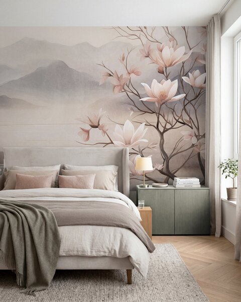Fototapety Góry i kwitnące różowe gałęzie magnolii, krajobraz o bogatej fakturze, Fototapety Kwiaty, w10013 : Uwalls.pl