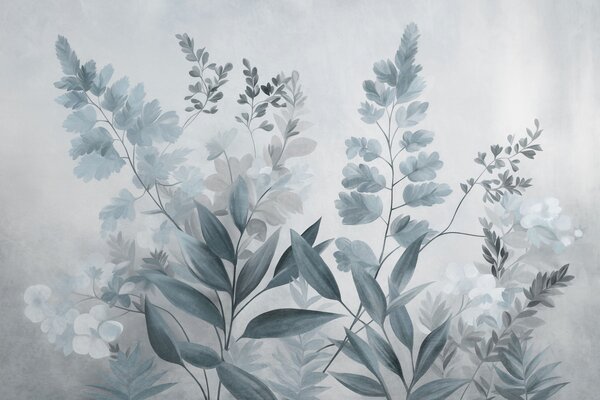 Fototapety Teksturowana grafika botaniczna przedstawiająca różne rośliny i liście w odcieniach niebieskiego, Tapety Wyjątkowe, w09979v1 : Uwalls.pl