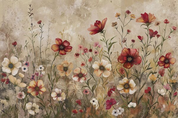 Fototapety Kompozycja kwiatowa na teksturowanym tle w ciepłych odcieniach, Fototapety Akwarele, w05016 : Uwalls.pl