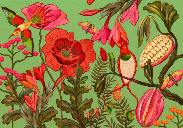 Fototapety Ozdobne kwiaty i ptaki na zielonym tle, Fototapety Natura, w05036v1 : Uwalls.pl