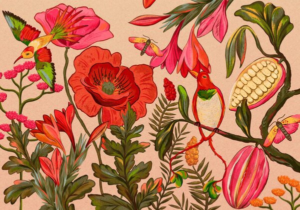 Fototapety Ozdobne kwiaty i ptaki na beżowym tle, Fototapety Natura, w05036 : Uwalls.pl