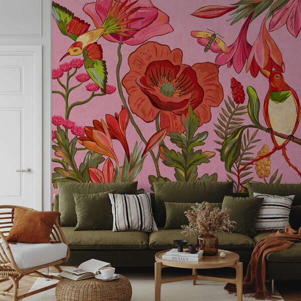 Fototapety Ozdobne kwiaty i ptaki na różowym tle, Fototapety Natura, w05036v2 : Uwalls.pl
