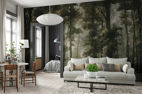 Fototapety Ilustracja lasu z mgłą, wysokimi drzewami i ścieżką, Fototapety Natura, w05089 : Uwalls.pl