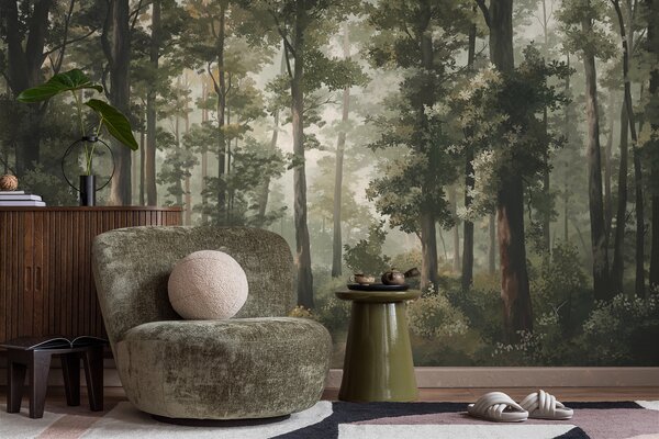 Fototapety Ilustracja lasu z mgłą, wysokimi drzewami i ścieżką, Fototapety Natura, w05089 : Uwalls.pl