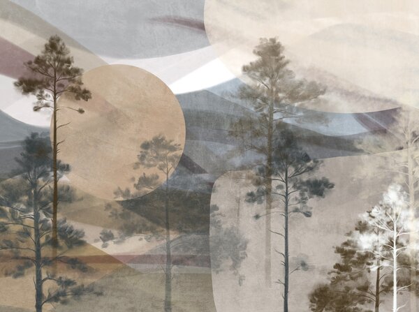 Fototapety Wysokie sosny w stonowanym, teksturowanym krajobrazie z abstrakcyjnymi okrągłymi kształtami i, Fototapety Natura, w09636 : Uwalls.pl