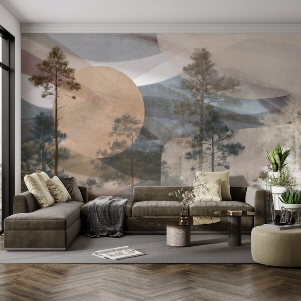 Fototapety Wysokie sosny w stonowanym, teksturowanym krajobrazie z abstrakcyjnymi okrągłymi kształtami i, Fototapety Natura, w09636 : Uwalls.pl