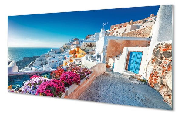 Obraz na szkle Grecja Budynki morze kwiaty