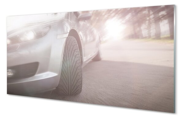 Obraz na szkle Srebrne auto ulica drzewa