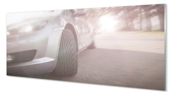 Obraz na szkle Srebrne auto ulica drzewa