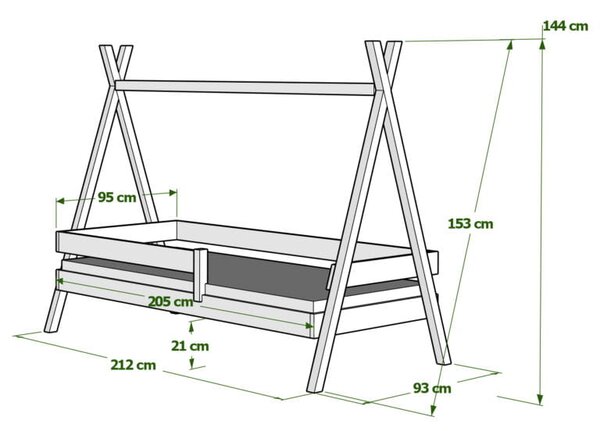 Łóżko dziecięce TIPI PLUS z drewna sosnowego – niskie łóżko tipi do pokoju dziecka | kolory i rozmiary
