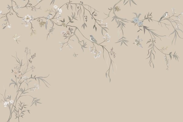 Fototapety Kwiatowe gałęzie z ptakami na ciepłym beżowym tle, Fototapety Kwiaty, w05127v1 : Uwalls.pl