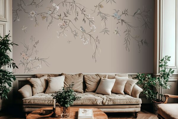 Fototapety Kwiatowy ornament z ptakami na neutralnym tle, Fototapety Kwiaty, w05127v3 : Uwalls.pl