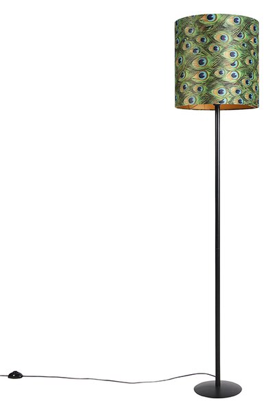 Lampa stojąca czarna z abażurem z weluru w kolorze pawia złoto 40 cm - Simplo