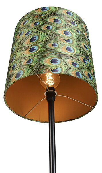 Lampa stojąca czarna z abażurem z weluru w kolorze pawia złoto 40 cm - Simplo