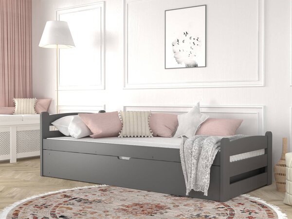 Łóżko młodzieżowe Victor 90x200 szare z materacem i pojemnikiem na pościel