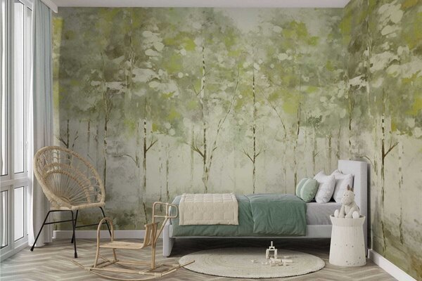 Fototapety Stylizowany las z smukłymi drzewami w odcieniach zieleni, Fototapety Las, Fototapety Drzewa, w05221v1 : Uwalls.pl
