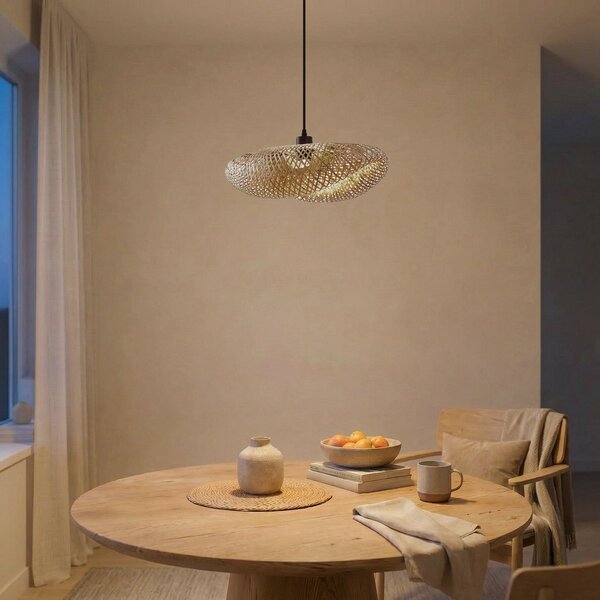 Lampa Wisząca Lindby, Eleane, ściemnialny, drewniany, salon, bambus, dworkowy | rustykalny
