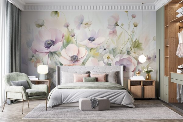 Fototapety Pole pastelowych różowych i białych kwiatów anemonów, zielonych liści i małych białych stokrotek., Fototapety Akwarele, w09742 : Uwalls.pl