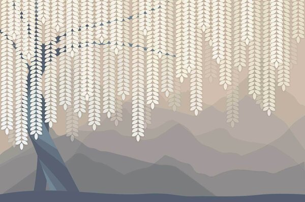 Fototapety Stylizowana wierzba z wiszącymi liśćmi na tle minimalistycznych gór w odcieniach beżu i, Fototapety Natura, w05232 : Uwalls.pl