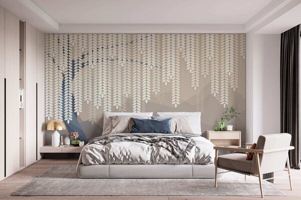 Fototapety Stylizowana wierzba z wiszącymi liśćmi na tle minimalistycznych gór w odcieniach beżu i, Fototapety Natura, w05232 : Uwalls.pl