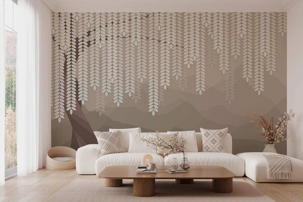 Fototapety stylizowana wierzba z wiszącymi liśćmi na tle minimalistycznych gór w odcieniach kawy, Fototapety Natura, w05232v2 : Uwalls.pl