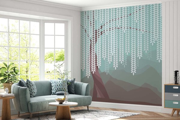 Fototapety Stylizowana wierzba z wiszącymi liśćmi na tle minimalistycznych gór w odcieniach czekolady i, Fototapety Natura, w05232v1 : Uwalls.pl