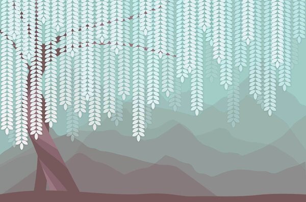 Fototapety Stylizowana wierzba z wiszącymi liśćmi na tle minimalistycznych gór w odcieniach czekolady i, Fototapety Natura, w05232v1 : Uwalls.pl