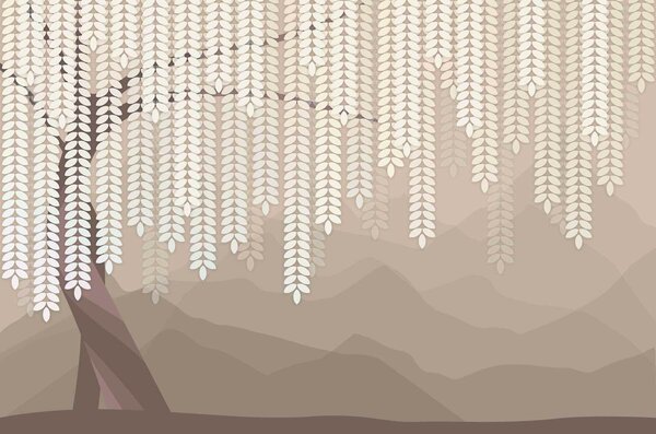 Fototapety stylizowana wierzba z wiszącymi liśćmi na tle minimalistycznych gór w odcieniach kawy, Fototapety Natura, w05232v2 : Uwalls.pl