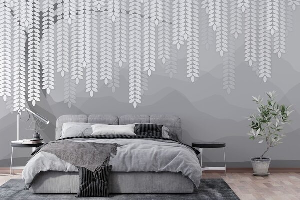 Fototapety stylizowana wierzba z wiszącymi liśćmi na tle minimalistycznych gór w odcieniach szarości, Fototapety Natura, w05232v3 : Uwalls.pl