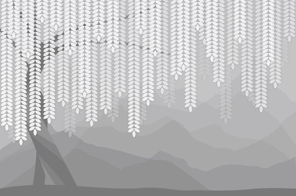 Fototapety stylizowana wierzba z wiszącymi liśćmi na tle minimalistycznych gór w odcieniach szarości, Fototapety Natura, w05232v3 : Uwalls.pl