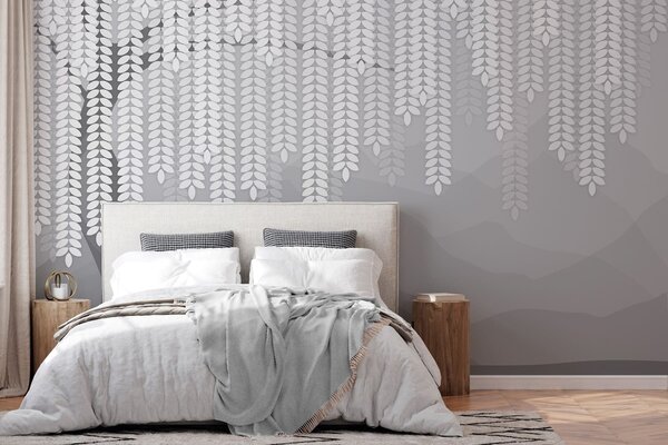 Fototapety stylizowana wierzba z wiszącymi liśćmi na tle minimalistycznych gór w odcieniach szarości, Fototapety Natura, w05232v3 : Uwalls.pl