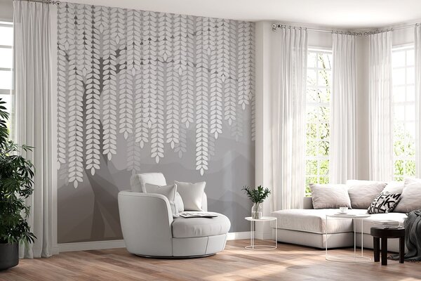 Fototapety stylizowana wierzba z wiszącymi liśćmi na tle minimalistycznych gór w odcieniach szarości, Fototapety Natura, w05232v3 : Uwalls.pl