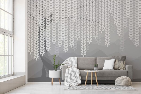 Fototapety stylizowana wierzba z wiszącymi liśćmi na tle minimalistycznych gór w odcieniach szarości, Fototapety Natura, w05232v3 : Uwalls.pl