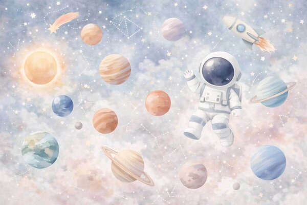 Fototapety mały astronauta wśród planet i gwiazd, Tapety Wyjątkowe, w05233 : Uwalls.pl