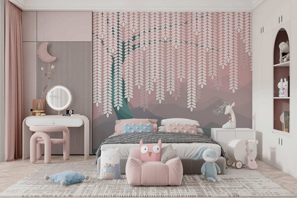 Fototapety Stylizowana wierzba z wiszącymi liśćmi na tle minimalistycznych gór w odcieniach różu i ciemnej, Fototapety Natura, w05232v4 : Uwalls.pl