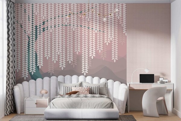Fototapety Stylizowana wierzba z wiszącymi liśćmi na tle minimalistycznych gór w odcieniach różu i ciemnej, Fototapety Natura, w05232v4 : Uwalls.pl