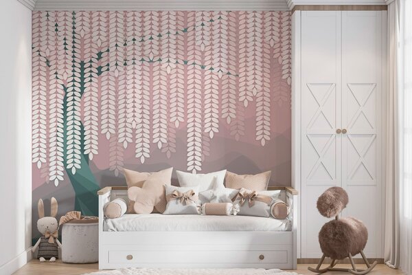 Fototapety Stylizowana wierzba z wiszącymi liśćmi na tle minimalistycznych gór w odcieniach różu i ciemnej, Fototapety Natura, w05232v4 : Uwalls.pl