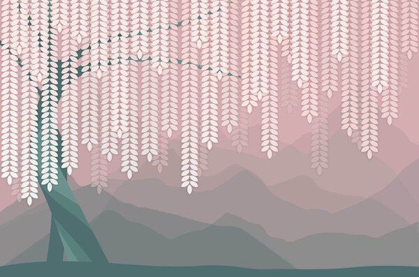 Fototapety Stylizowana wierzba z wiszącymi liśćmi na tle minimalistycznych gór w odcieniach różu i ciemnej, Fototapety Natura, w05232v4 : Uwalls.pl