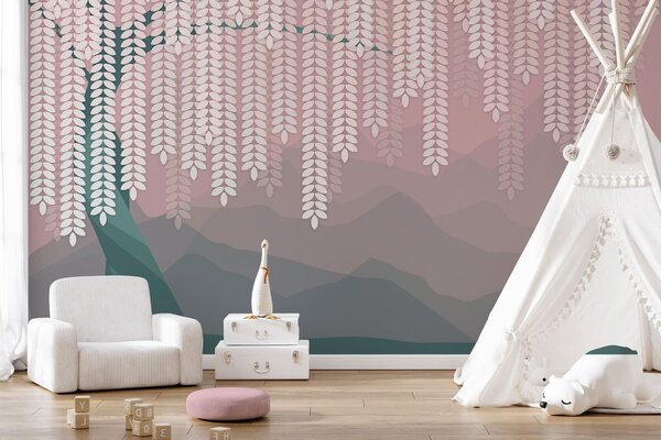Fototapety Stylizowana wierzba z wiszącymi liśćmi na tle minimalistycznych gór w odcieniach różu i ciemnej, Fototapety Natura, w05232v4 : Uwalls.pl
