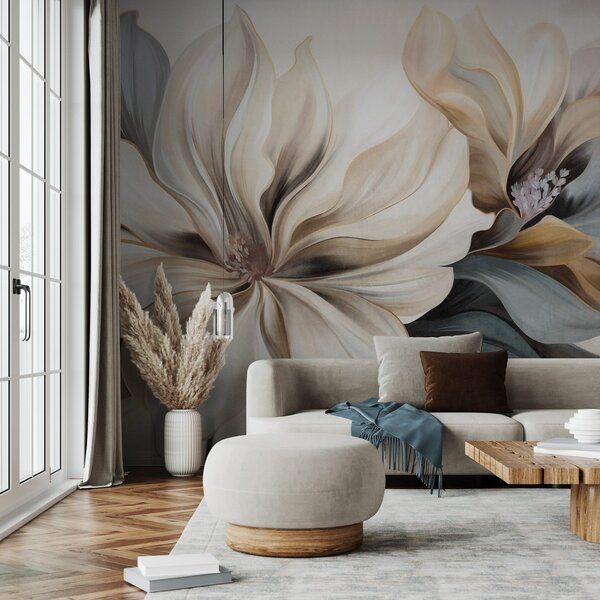 Fototapety Duże, kremowe kwiaty magnolii z brązowymi i szarymi liśćmi, delikatne oświetlenie, abstrakcyjne tło, Fototapety Kwiaty, w09749 : Uwalls.pl