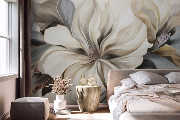 Fototapety Duże, kremowe kwiaty magnolii z brązowymi i szarymi liśćmi, delikatne oświetlenie, abstrakcyjne tło, Fototapety Kwiaty, w09749 : Uwalls.pl
